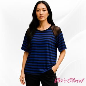 Cable & Gauge Women's Blue Black Striped Top 3/4 Net Material Shoulders Sz L NWT